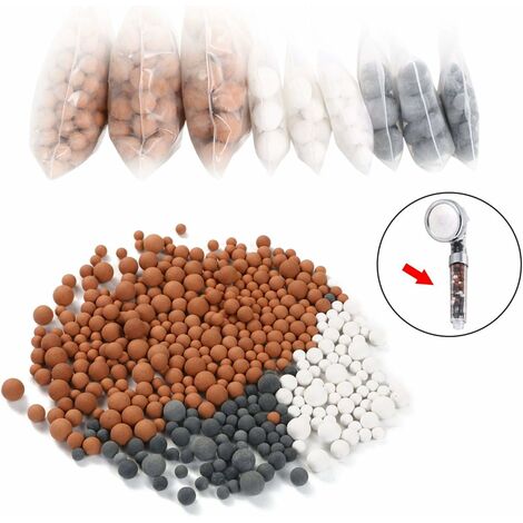 Filtre sur robinet　Filtre à chaux pour pommeau de douche, paquet de 9 3 tailles de billes minérales à ions négatifs, pour filtre à ions de douche à main, élimine le chlore, les bactéries LITZEE