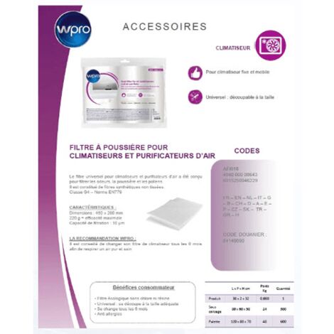 FILTRE UNIVERSEL ANTIODEURS-POUSSIERES POUR CLIMATISEUR WHIRLPOOL - 484000008643