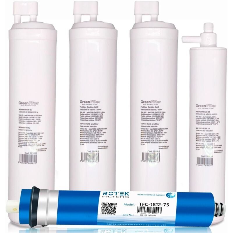 Kit de 4 filtres de rechange pour osmose inverse, marque Green Filter, type cs, avec post-filtre cs et membrane ro