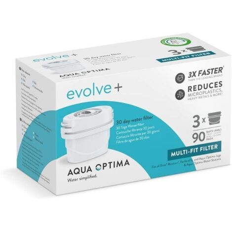 MM_UNVERIFIED_BRAND Aqua Optima Cartuccia Filtro, confezione da 3 Evolve+ (fornitura per 3 mesi), compatibile con Brita Maxtra+ e PerfectFit, sistema di filtraggio a 5 fasi che riduce cloro, calcare e altre impurità