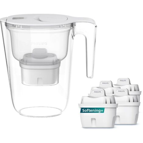 Filtro caraffa Philips +4 cartucce filtranti di ricambio Anticalcare+, FINO AL 50% IN PIÙ DI RIDUZIONE DELLA DUREZZA, flusso rapido, bianco, 2,6 litri, timer elettronico