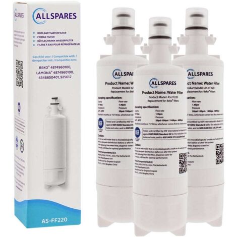Filtro de agua AllSpares (3 unidades) para frigorífico compatible con LG Beko 874960100