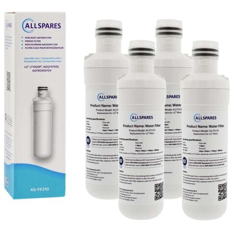 Filtro de agua AllSpares (4 unidades) para frigorífico compatible con LG LT1000P / AGF80300704 / ADQ74793501