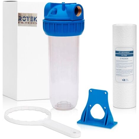 ROSMMEL Filtro de Agua Portacartuchos 10" con Conexión 1" – Kit Completo con Soporte, Llave, Cartucho de 5 Micras y Válvula de Purga