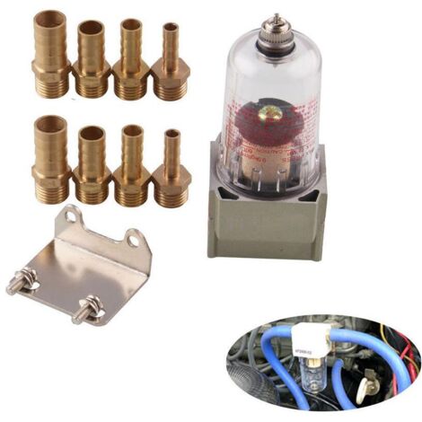 Filtro de combustible para coche, filtro universal en línea para gasolina, separador de aceite de motor con herramienta para eliminar impurezas y tubos conectores de 6 mm/8 mm/10 mm/12 mm - Plata, tal