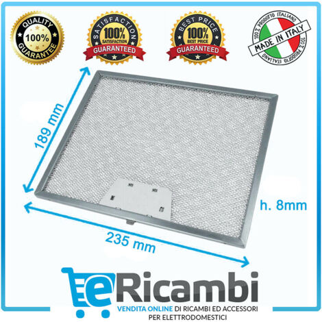 Filtro Grassi in Alluminio High Performance per cappa, Compatibile con Cappe Faber, Franke Universale Dimensioni: 235X189x9 (mm), Colore Alluminio, Filtraggio a Lunga Durata
