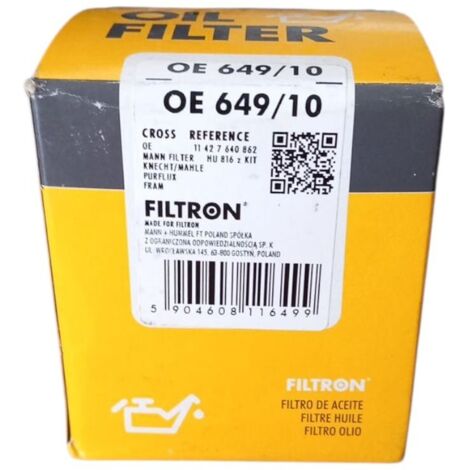 Filtro olio motore marca filtron codice filtro oe 649/10