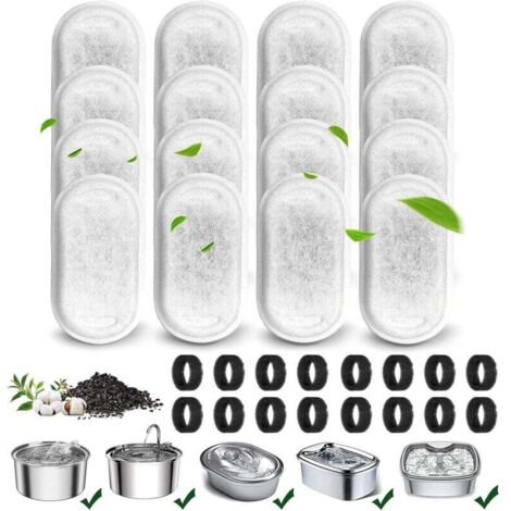Filtro para bebedero de acero inoxidable para gatos de 32 piezas, 16 filtros de carbón y 16 esponjas de prefiltración, apto para bebederos de acero inoxidable para gatos de 3,2 l/2 l