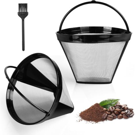 Filtro per caffè riutilizzabile, 2 filtri taglia 4 con spazzola, filtro per caffè permanente con manico, filtri per caffè a cono con cestello in rete lavabile per macchine da caffè, argento