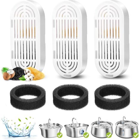 Filtro per fontanella per gatti, 3 set di filtri di ricambio e spugne pre-filtro per fontanella automatica in acciaio inox da 3,2 L/108 oz, filtro a carbone per distributore d'acqua per gatti da 4 L. 