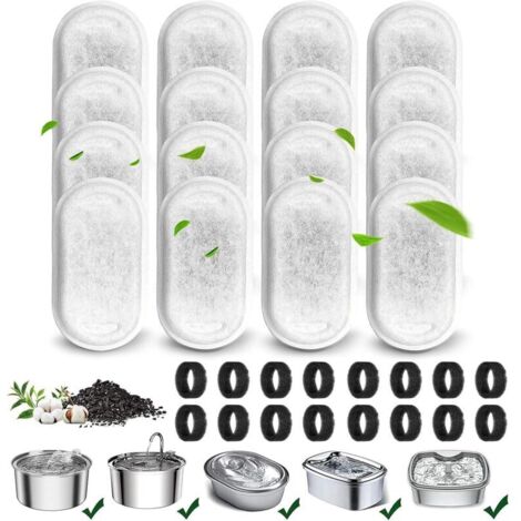 Filtro per fontanella per gatti in acciaio inox da 32 pezzi, 16 filtri al carbone attivo e 16 spugne prefiltranti, adatto per abbeveratoi per gatti in acciaio inox da 3,2 l/2 l
