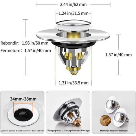 Filtro universale per scarico lavello, tappo per lavello anti-bloccaggio in acciaio inox con pulsante, anti-odore per fori di scarico da 1,33" a 1,49"