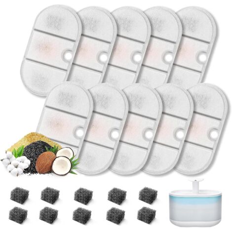 Filtros para bebederos de gatos: 10 juegos de filtros de 2,1 litros, que incluyen 10 filtros de carbón activado y 10 filtros de espuma. Filtros de resina y carbón activado de repuesto.