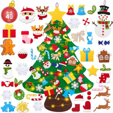 Filz-Weihnachtsbaum für Kinder, DIY-Filz-Weihnachtsbaumdekoration, Filz-Weihnachtsbaum mit 40 abnehmbaren Ornamenten und 30 LED-Lichtern, Weihnachtsbaum-Wanddekoration