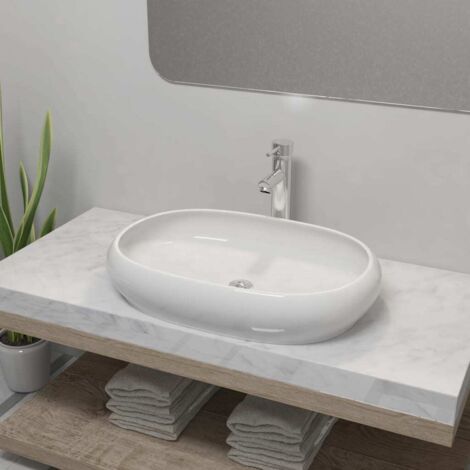 FIMEI Lavabo de salle de bain avec mitigeur Céramique Ovale Blanc