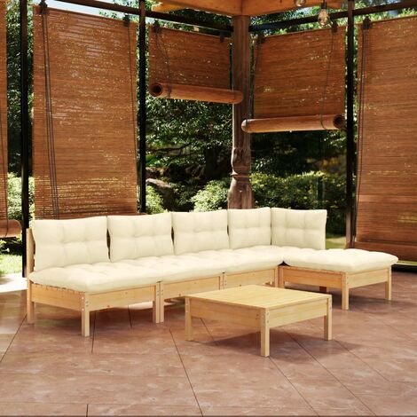 FIMEI Salon de jardin 6 pcs avec coussins crème Bois de pin