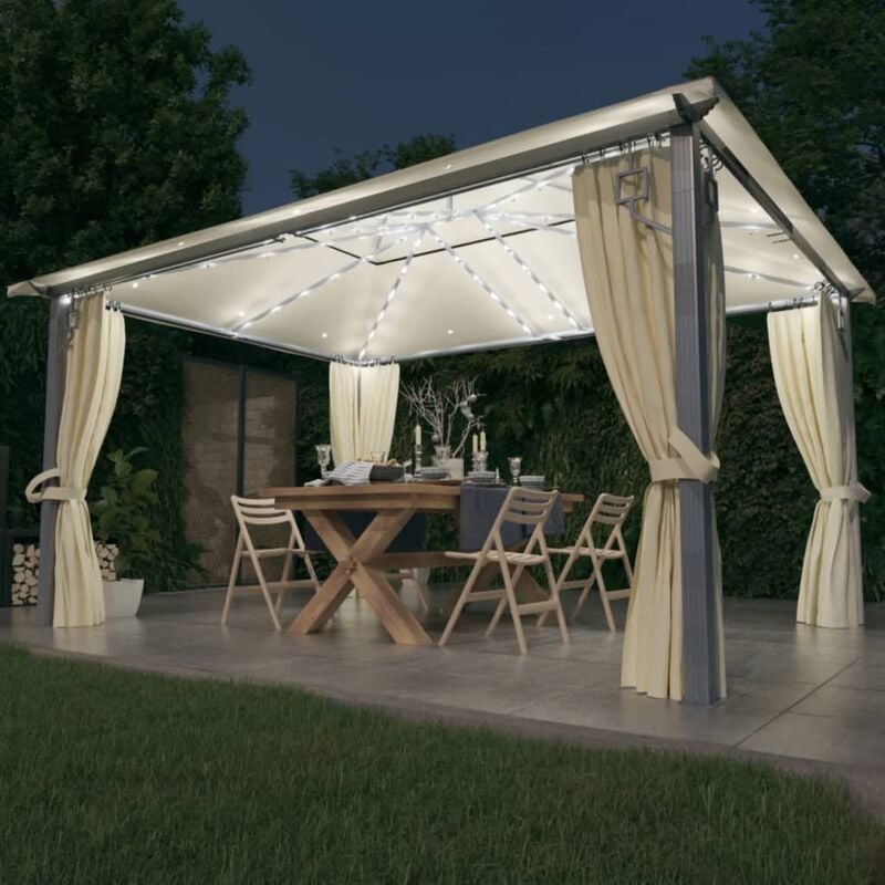 FIMEI Tonnelle avec rideau et lumières LED 4x3 m Crème Aluminium
