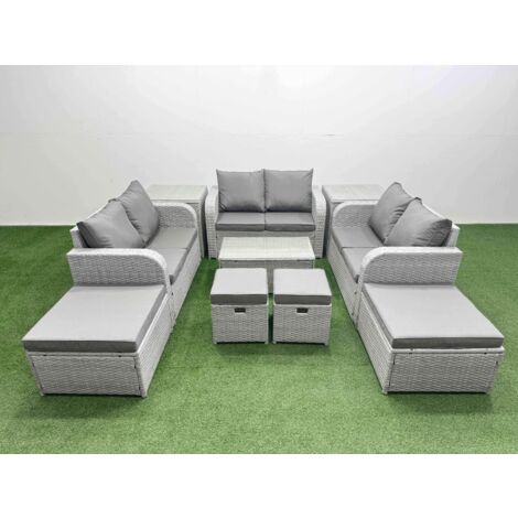 Fimous 10 PCs Rectangular Coffee Table Set Reclining Chair Inclining Sofa Love Sofa 2 Big Footstool 2 Small Stool 2 Side Table Light Grey