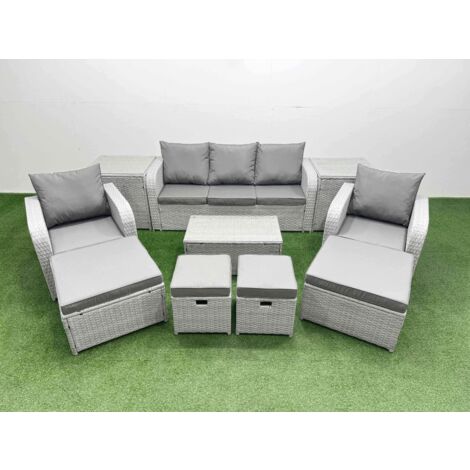 Fimous 10 PCs Rectangular Coffee Table Set Reclining Chair Inclining Sofa Seat 2 Big Footstool 2 Small Stool 2 Side Table Light Grey
