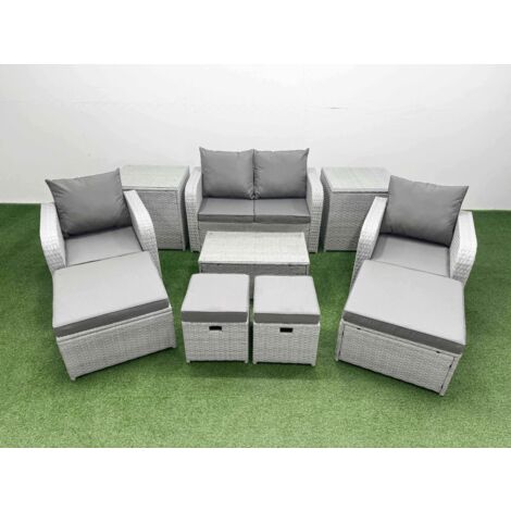 Fimous 10 PCs Rectangular Coffee Table Set Reclining Chair Inclining Sofa Seat 2 Side Tables 2 Big Footstool Light Grey