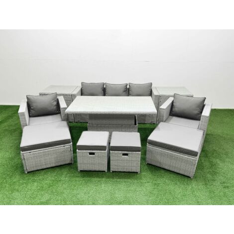 Fimous 10 PCs Rising Dining Table Set Rattan Furniture Set with 3 Seater Sofa Chair 2 Big Footstools 2 Small Footstools 2 Side Tables Light Grey