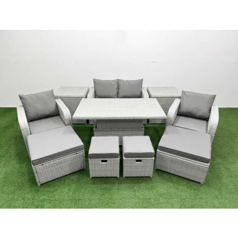 Fimous 10 PCs Rising Dining Table Set Reclining Chair Inclining Love Sofa Seat 2 Big Footstool 2 Small Stool 2 Side Table Light Grey