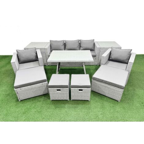 Fimous 10 Pieces Outdoor PE Rattan Sofa Armchair Set Patio Garden Furniture Sets with Cushions 2 Side Tables 4 Stools Light Grey