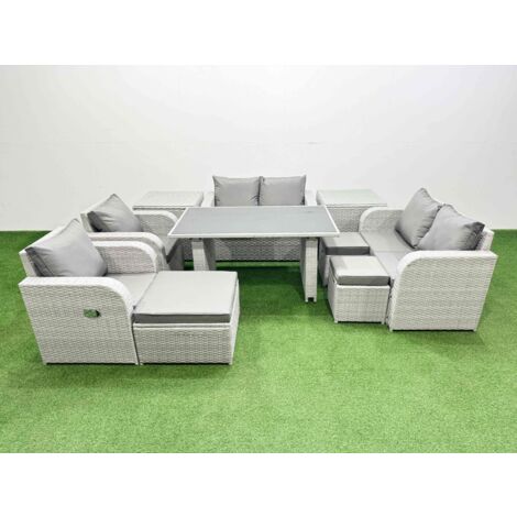 Fimous 10 Pieces Outdoor PE Rattan Sofa Reclining Chair Set Patio Garden Furniture Sets with Cushions 2 Side Tables 3 Stools Light Grey