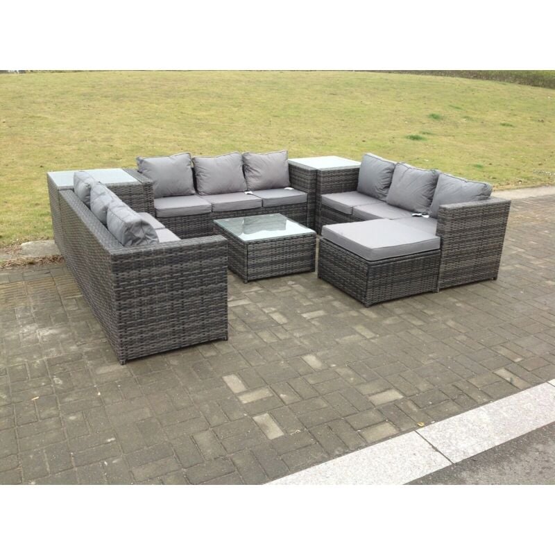 10 places canapé en rotin en forme de u ensemble de mobilier de jardin extérieur terrasse, 3 tables gris foncé mixte - Fimous