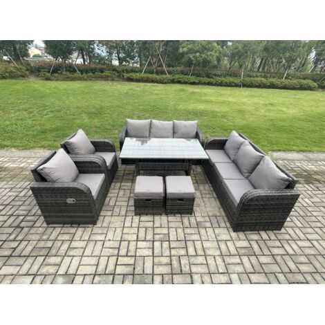Fimous 10 places Ensemble de canapés de jardin en rotin Table à manger rectangulaire avec Fauteuil Canapé 3 places 2 Petits repose-piedsGris foncé mélangé
