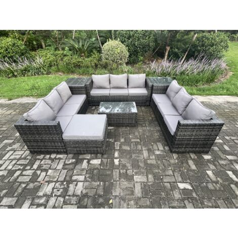 Fimous 10 places Ensemble de meubles de jardin en rotin avec Table basse 2 Tables d'appoint grand tabouret Mélange gris foncé