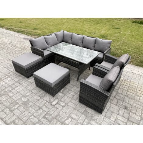 Fimous 10 places Ensemble de meubles de jardin en rotin d'extérieur avec Table à manger rectangulaire 2 Grands Tabourets 2 Fauteuils Gris foncé mélangé