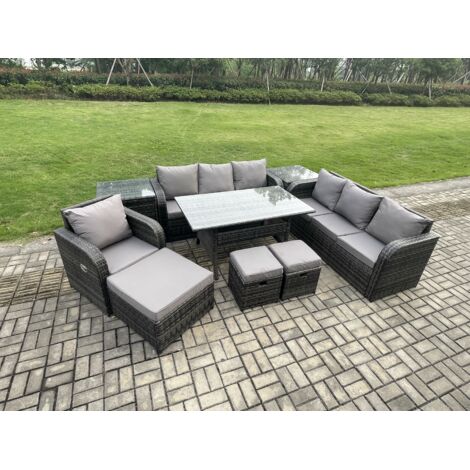 Fimous 10 places Ensemble de meubles de jardin en rotin d'extérieur Table à manger rectangulaire et Fauteuils avec Canapé 3 places 3PC Tabourets 2 Tables d'appoint Gris foncé mélangé