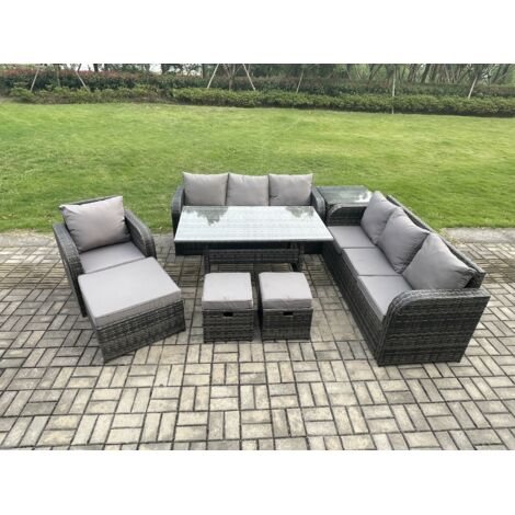 Fimous 10 places Ensemble de meubles de jardin en rotin d'extérieur Table à manger rectangulaire et Fauteuils avec Canapé 3 places 3PC Tabourets Table d'appoint Gris foncé mélangé