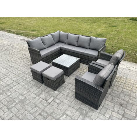 Fimous 10 places Ensemble de meubles de jardin en rotin Ensemble canapé d'angle aus Polyrattan avec Table basse carrée  2 Petits repose-pieds 2 Fauteuils Gris foncé mélangé