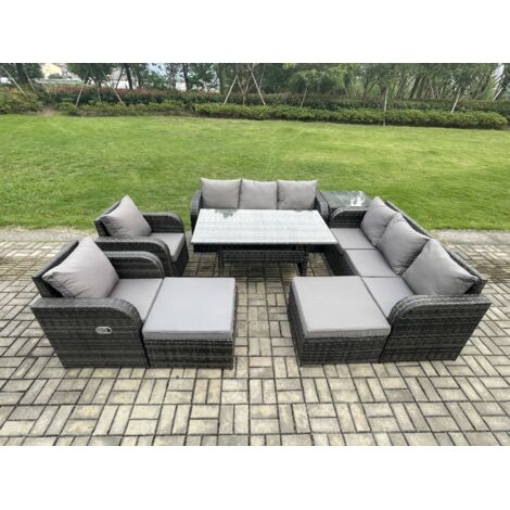 Fimous 10 places Ensemble de meubles de jardin en rotin  Table à manger rectangulaire et Fauteuils avec Canapé 3 places 2 Grands Tabourets Table d'appoint Gris foncé mélangé