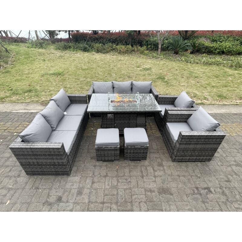 10 places extérieur pe rotin meubles de jardin foyer à gaz table à manger ensemble canapé salon 2 fauteuils pc avec 2 tabourets gris foncé mix