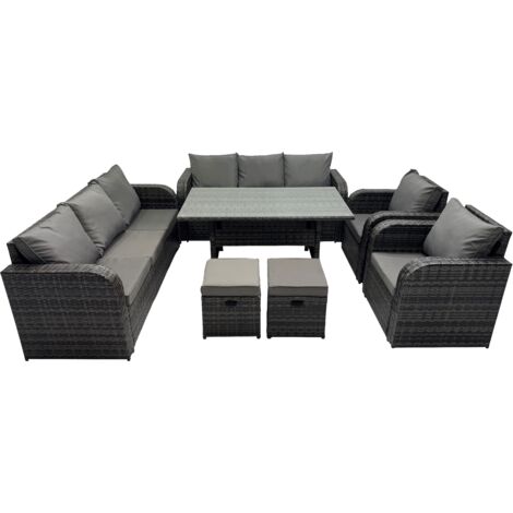 Fimous 10 places Gris foncé Ensemble de meubles de jardin en rotin  Fauteuil Inclinable Canapé 3 places Table à manger rectangulaire Tabourets