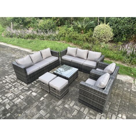 Fimous 10 places Mobilier de jardin extérieur en rotin avec 2 Fauteuils Table basse carrée 2 Petits poufs Tables d'appoint Mélange gris foncé