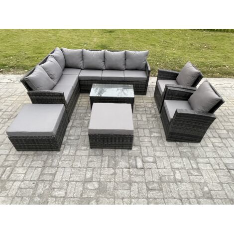 Fimous 10 places Salon de Jardin en Rotin PE avec Table basse 2 Grands Tabourets 2 Fauteuils Gris foncé mélangé