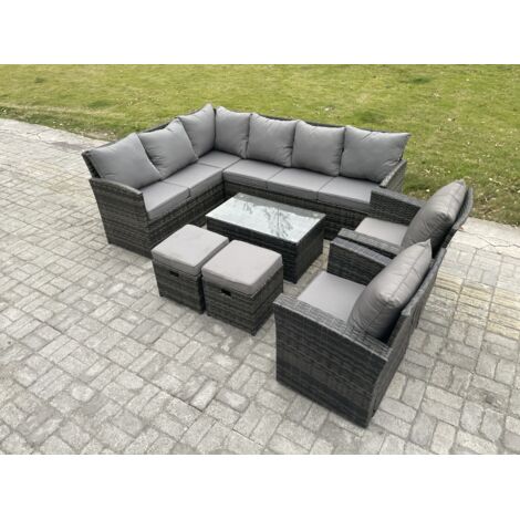 Fimous 10 places Salon de Jardin en Rotin PE avec Table basse 2 Petits repose-pieds 2 Fauteuils Gris foncé mélangé