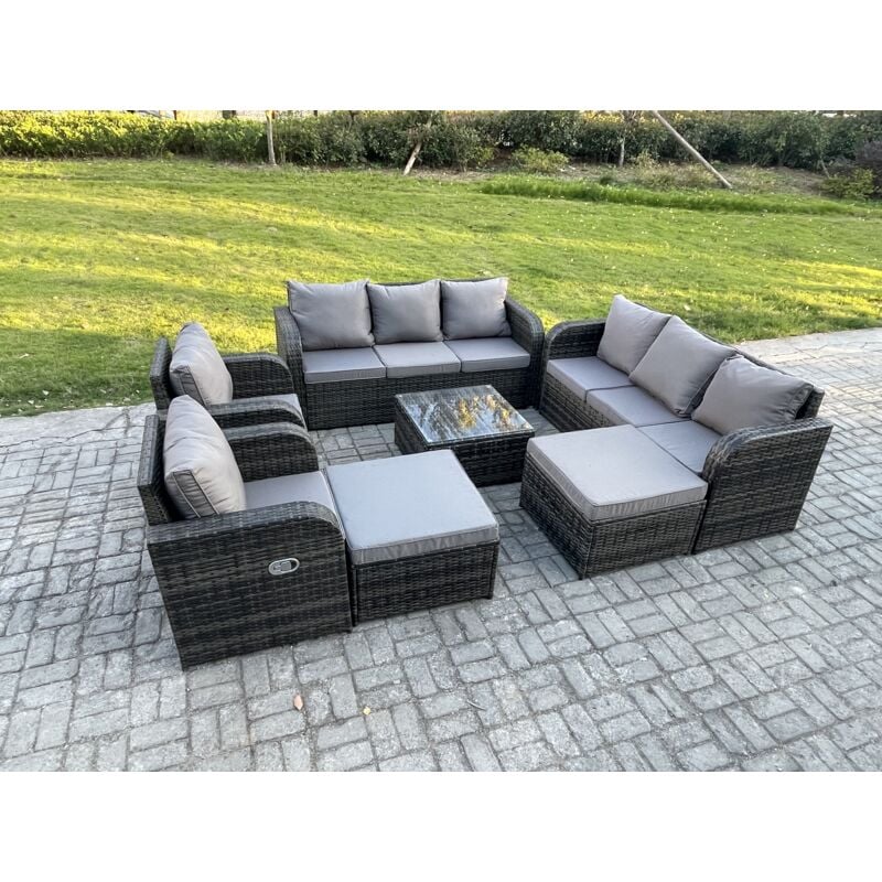 10 places Salon de jardin exterieur avec Canapés Table basse carrée 2 Grand tabourets Gris foncé mixte - Fimous