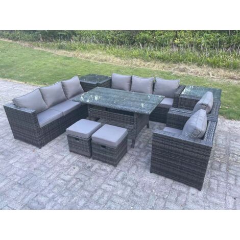 Fimous 10 places Salon de jardin exterieur en resine Table à manger rectangulaire avec 2 Fauteuils 2 Tables d'appoint 2 Petit tabouretn Gris foncé mélangé