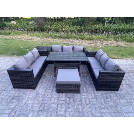 Fimous 10 places Salon de jardin exterieur en resine Table à manger rectangulaire avec Grands Tabouret Table d'appoint Gris foncé mélangé