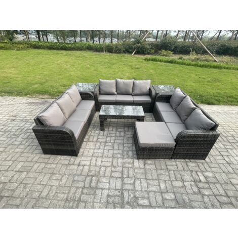 Fimous 10 places Salon de jardin Meubles de jardin avec Table basse 2 Tables d'appoint Grand tabouret Gris foncé mixte
