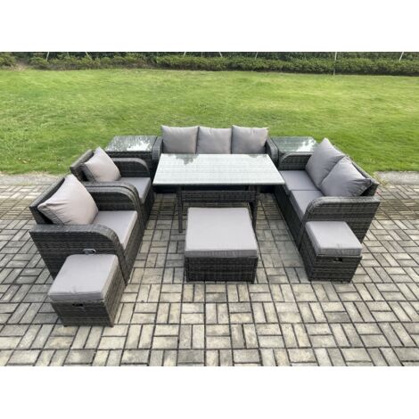 Fimous 10 places Salon de Jardin Salou en polyrotin avec 2 Fauteuil Inclinable 2 Tables d'appoint 3 Repose-pieds Gris foncé mélangé