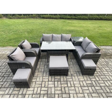 Fimous 10 places Salon de Jardin Salou en polyrotin avec 2 Fauteuil Inclinable Table d'appoint 3 Repose-pieds Gris foncé mélangé