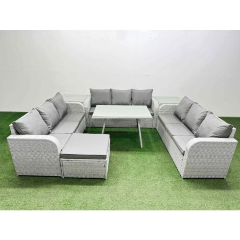 Fimous 10 Seat Outdoor PE Rattan Garden Furniture with Cushions 3 Seater Sofa 2 Side Tables Big Stool Light Grey