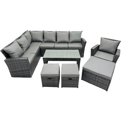 Fimous 10 Seat Poly Rattan Outdoor Patio Oblong Coffee Table Corner Sofa Set with 3 Stool Chair for Garden Backyard Dark Grey Mixed