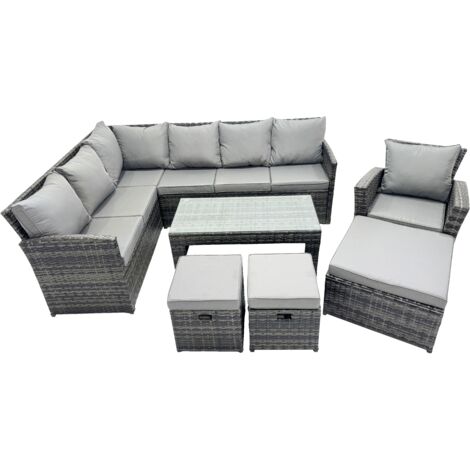Fimous 10 Seat Poly Rattan Outdoor Patio Oblong Coffee Table Corner Sofa Set with 3 Stool Chair for Garden Backyard Dark Grey Mixed